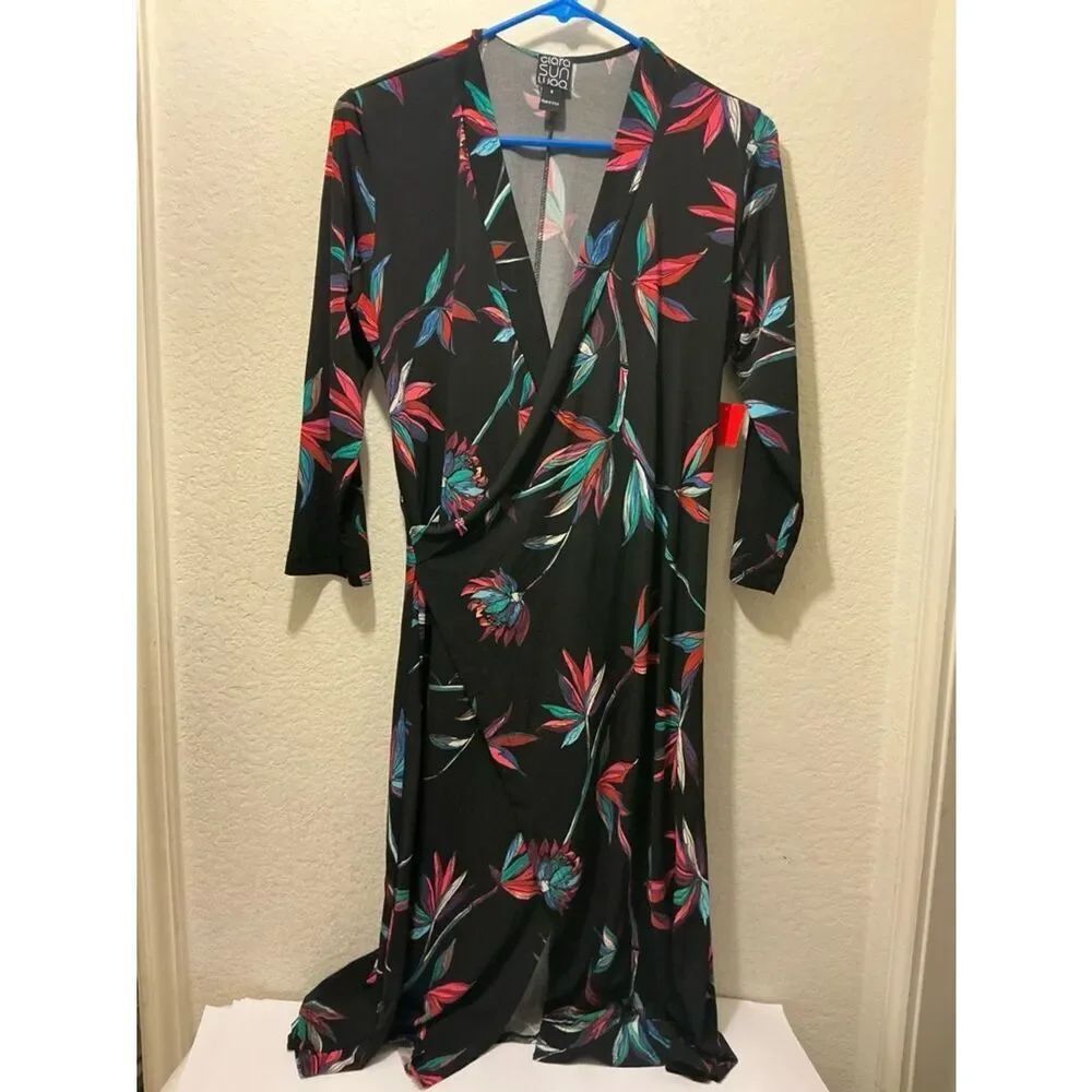 Clara Sun Woo Black Floral Wrap Maxi Dress with Pink & Teal Leaves